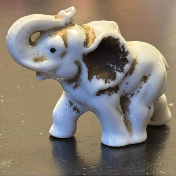 Other - Vintage White and Gold-like Miniature Elephant Figurine with Upturned Trunk